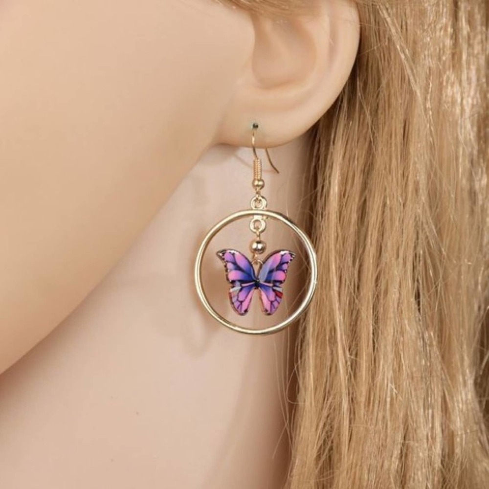 Gold Purple & Pink Butterfly Hanging Drop Earrings